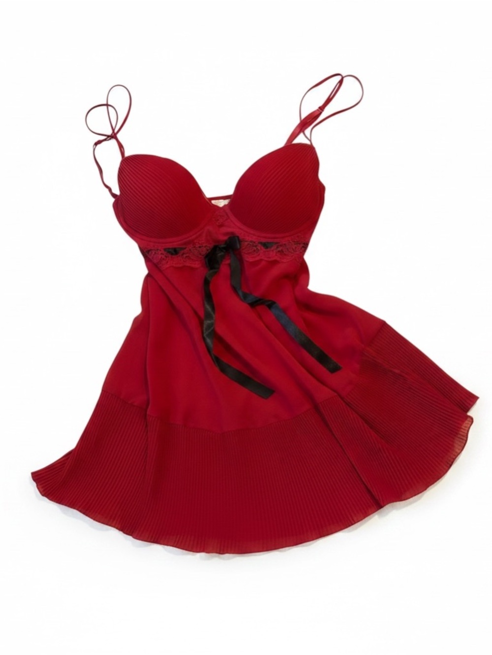 Red Lace-Trim Babydoll Chemise with Black Ribbon Accent
